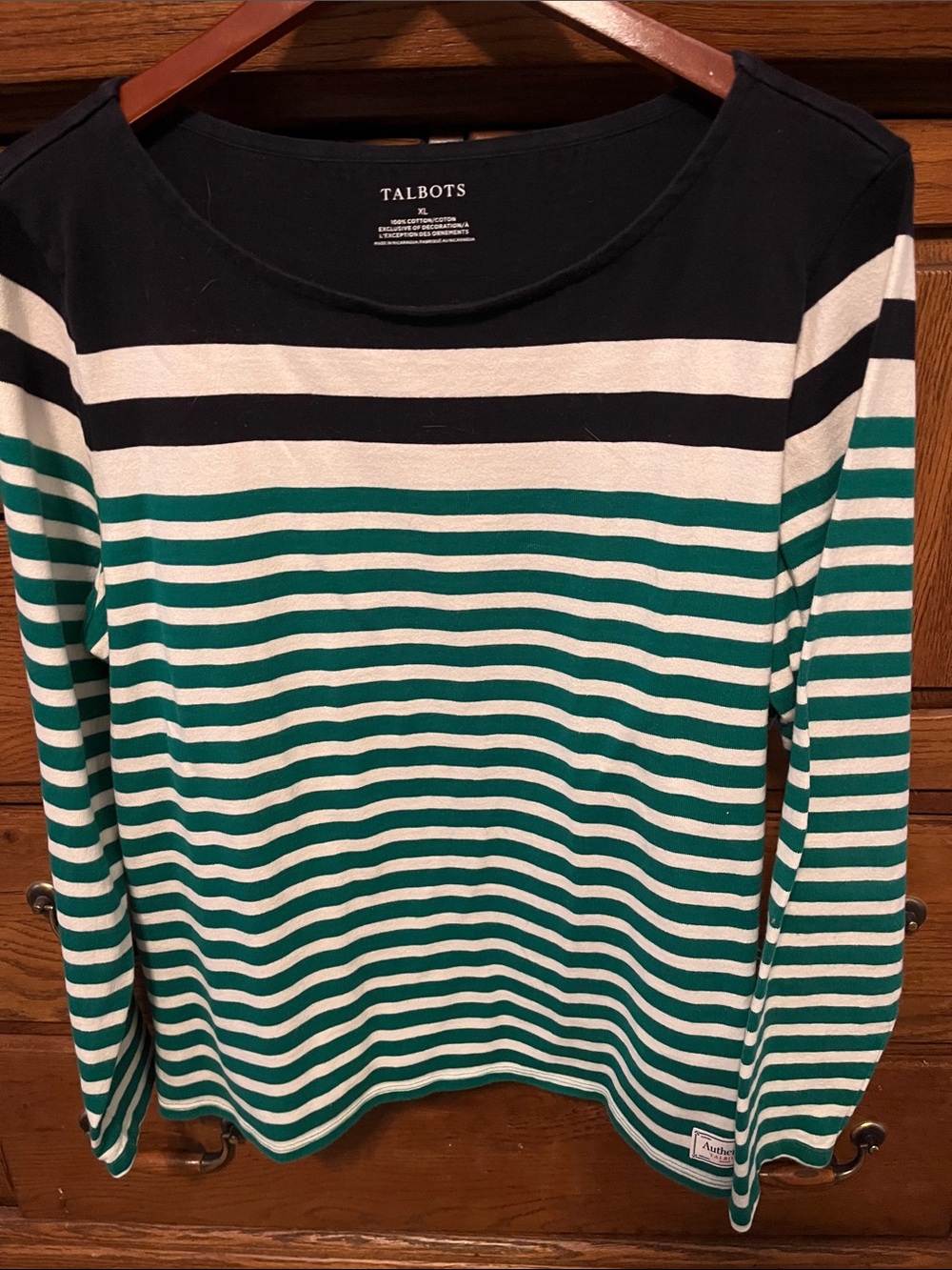 Talbots all cotton pullover with green, navy and cream stripes size XL